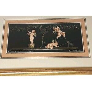 VTG Italian Cherubs Pompeii Gouache Painting Signed By Maria Graziano Gold Frame